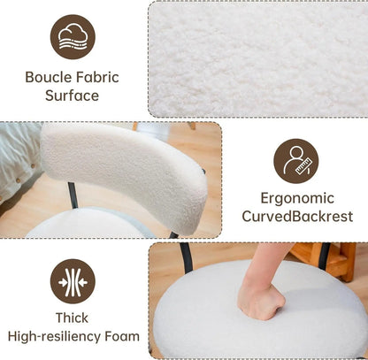 Stool with boucle fabric surface, ergonomic curved backrest, and thick high-resiliency foam features.