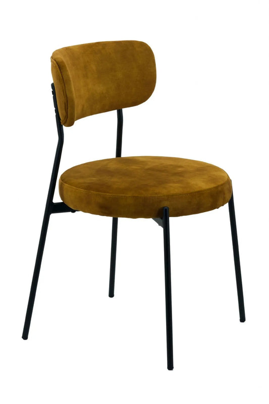 Brown velvet chair with black metal legs on a white background