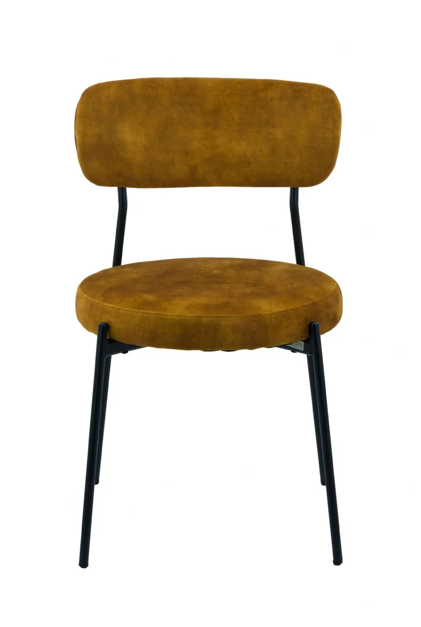 Brown upholstered chair with black metal legs on a white background