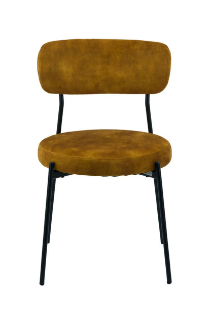Brown upholstered chair with black metal legs on a white background