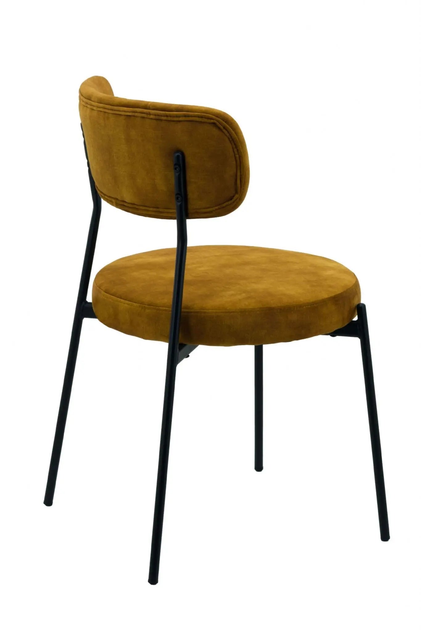 Brown velvet chair with black metal legs on a white background